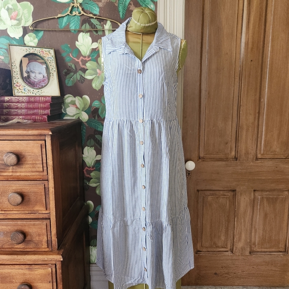 NAIF Blue & White Striped Sleeveless Button Front Dress  Large